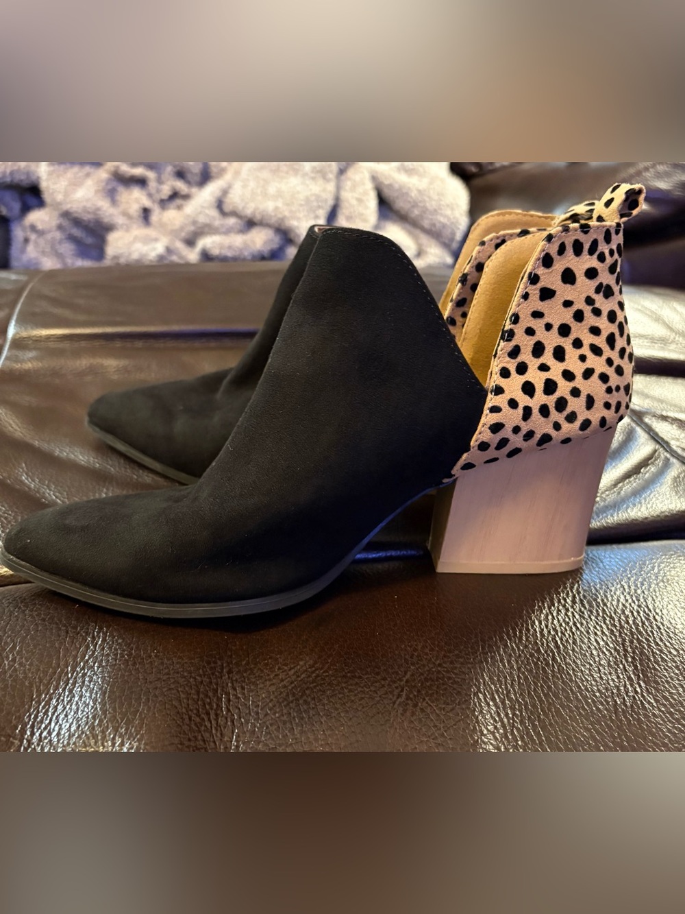 Qupid Black Suede Ankle Boot with Leopard-Print Heel
